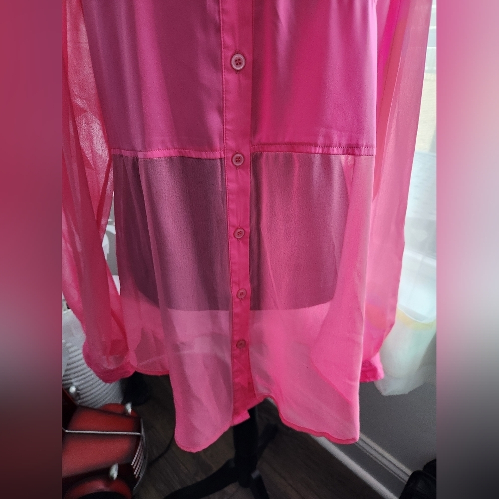 Free People Chiffon Hot Pink Sheer Blouse Size Medium - Picture 3 of 9